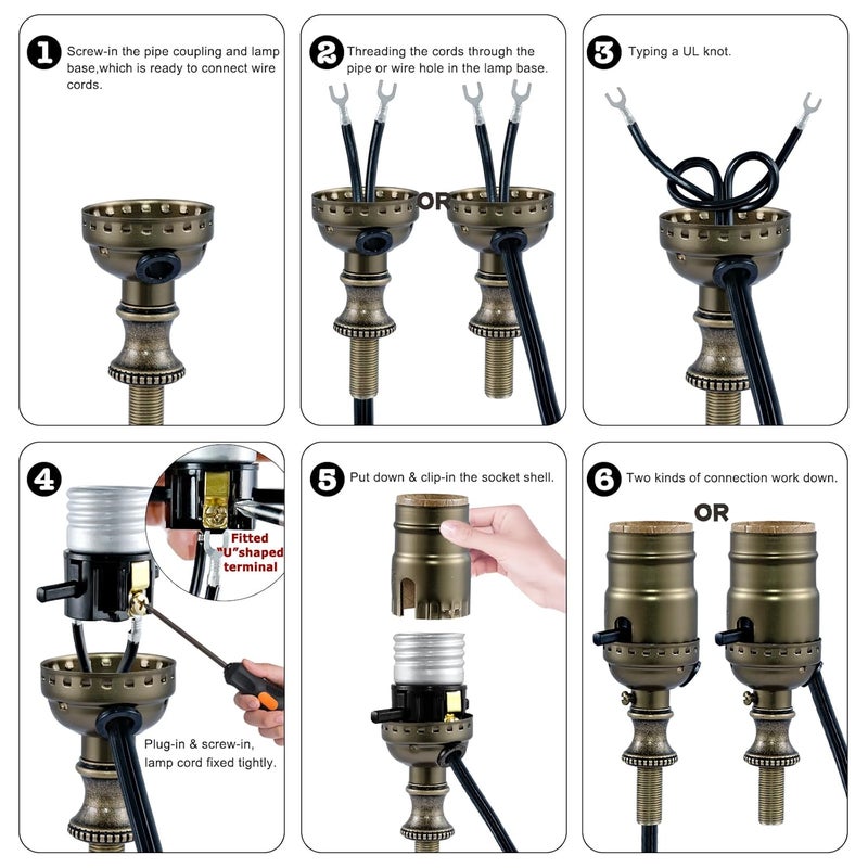 EMNOOTI Lamp Rewire Kit,Lamp Socket Replacement Kit,Antique Brass Light Socket with Matching Electric Cord Set,DIY Lamp Making Kit Lamp Wiring Kit with All Essential Hardware (Bronze, 1) - Image 3